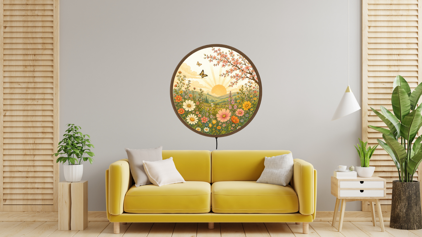Retro Spring Flower LED Wall Lamp, Round Floral Nature Decor