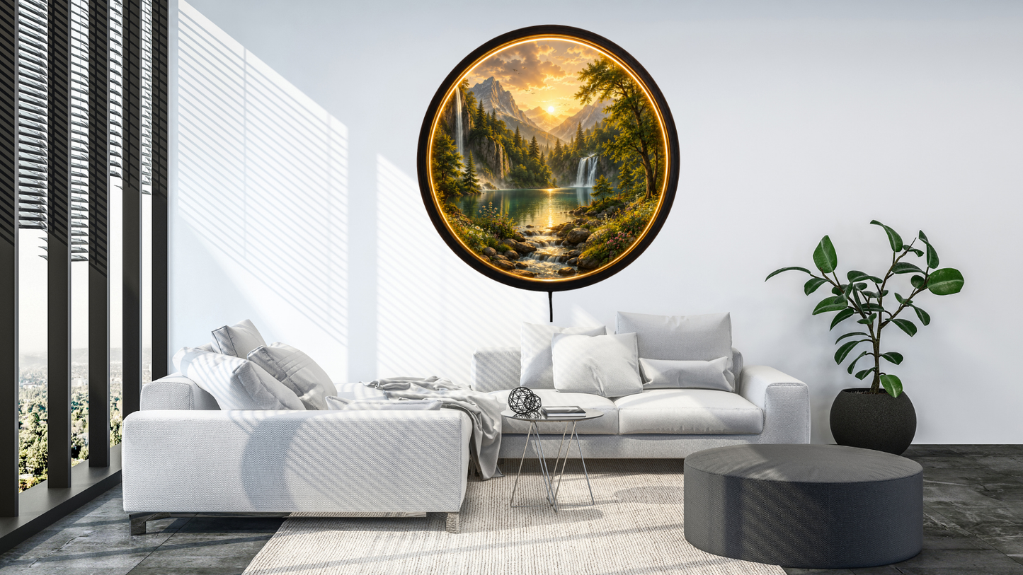 Nature Landscape LED Wall Art, Mountain Lake Light Decor, Round Acrylic Night Lamp