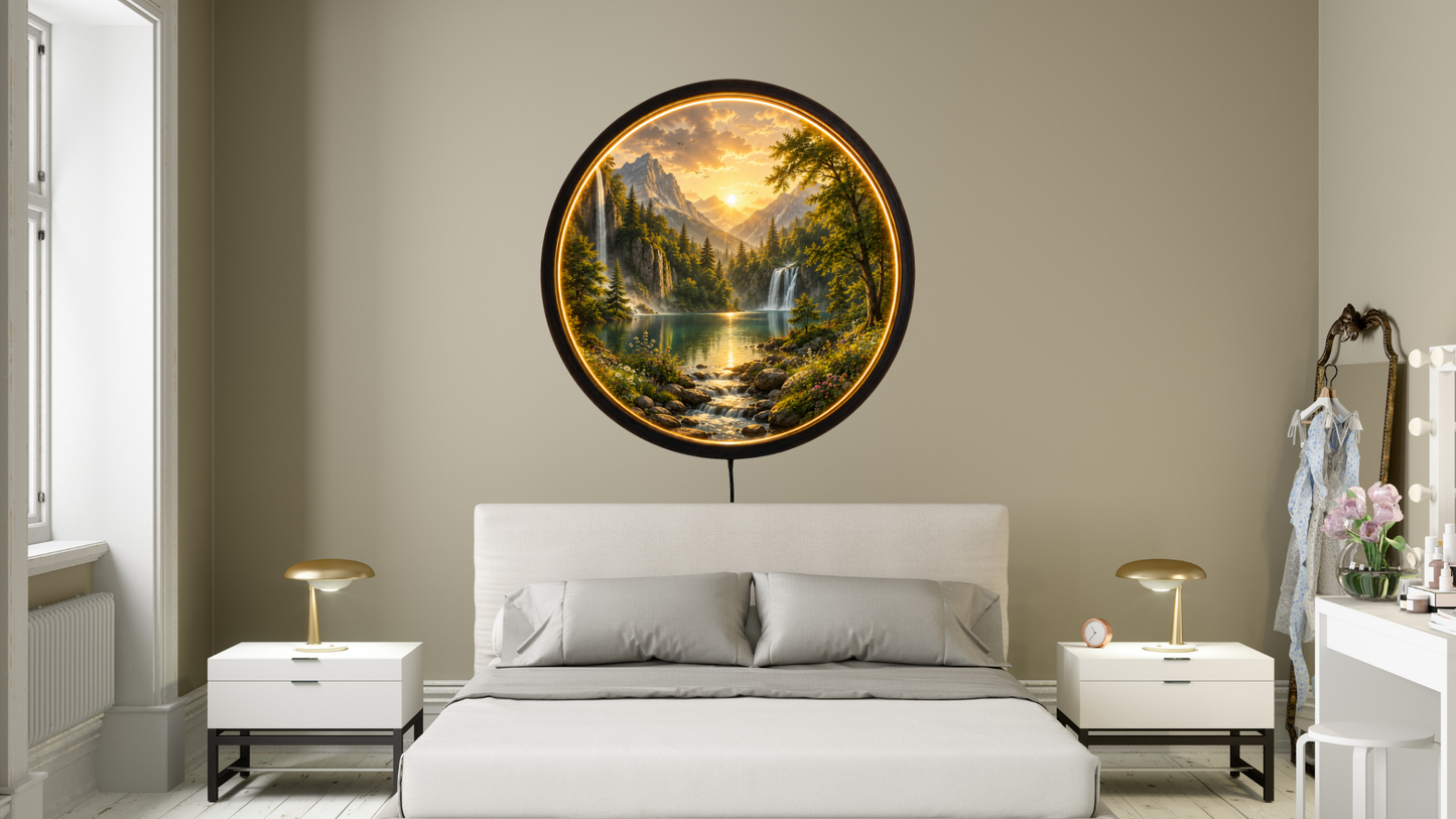 Nature Landscape LED Wall Art, Mountain Lake Light Decor, Round Acrylic Night Lamp