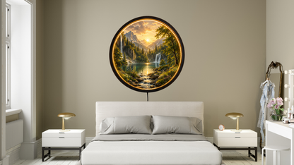 Nature Landscape LED Wall Art, Mountain Lake Light Decor, Round Acrylic Night Lamp