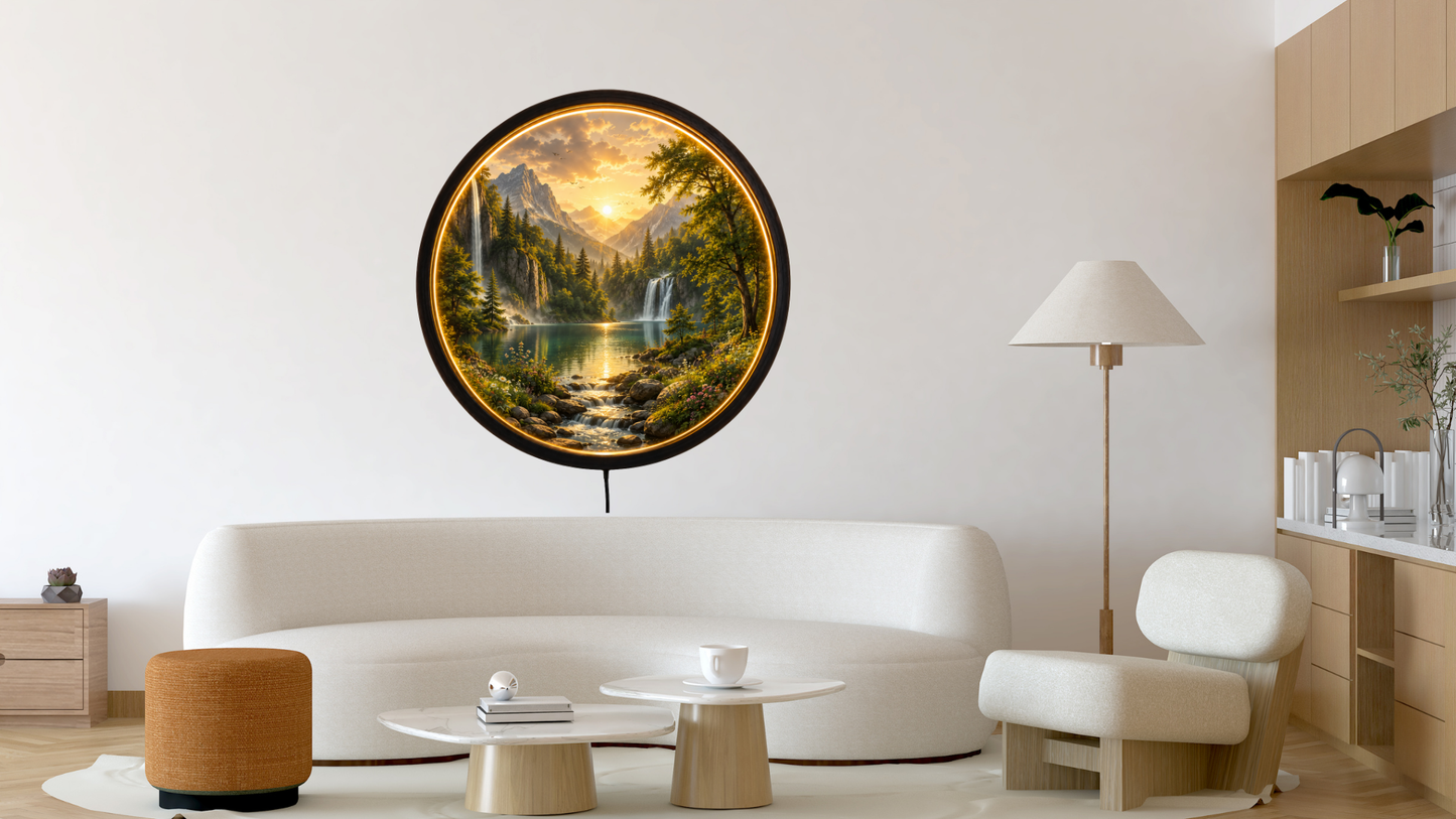 Nature Landscape LED Wall Art, Mountain Lake Light Decor, Round Acrylic Night Lamp