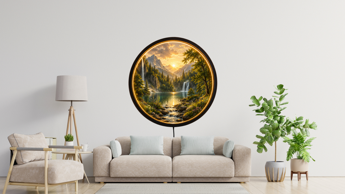 Nature Landscape LED Wall Art, Mountain Lake Light Decor, Round Acrylic Night Lamp