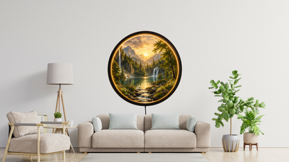 Nature Landscape LED Wall Art, Mountain Lake Light Decor, Round Acrylic Night Lamp