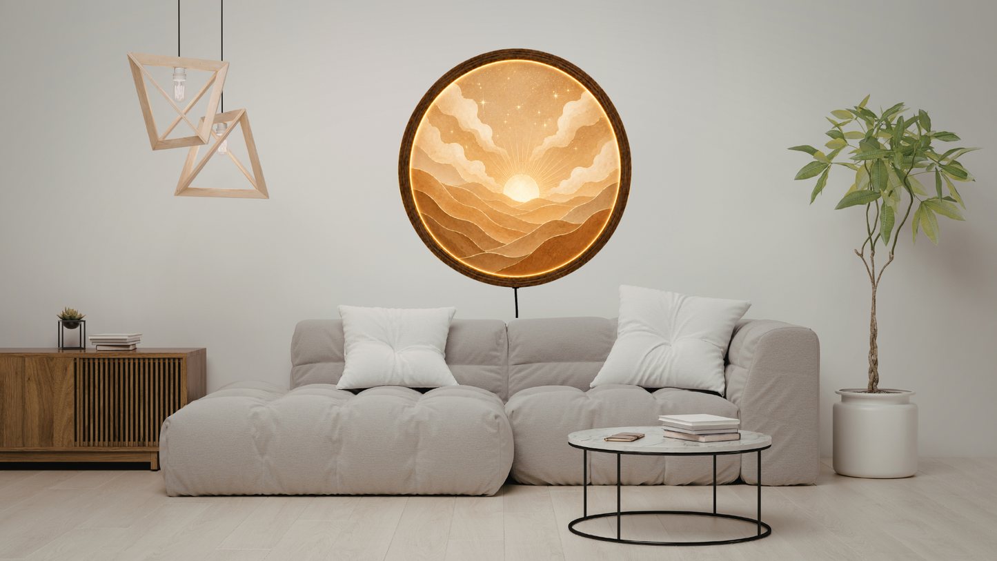Boho Sunrise LED Wall Decor, Neutral Landscape Light, Round Acrylic Wall Hanging Gift