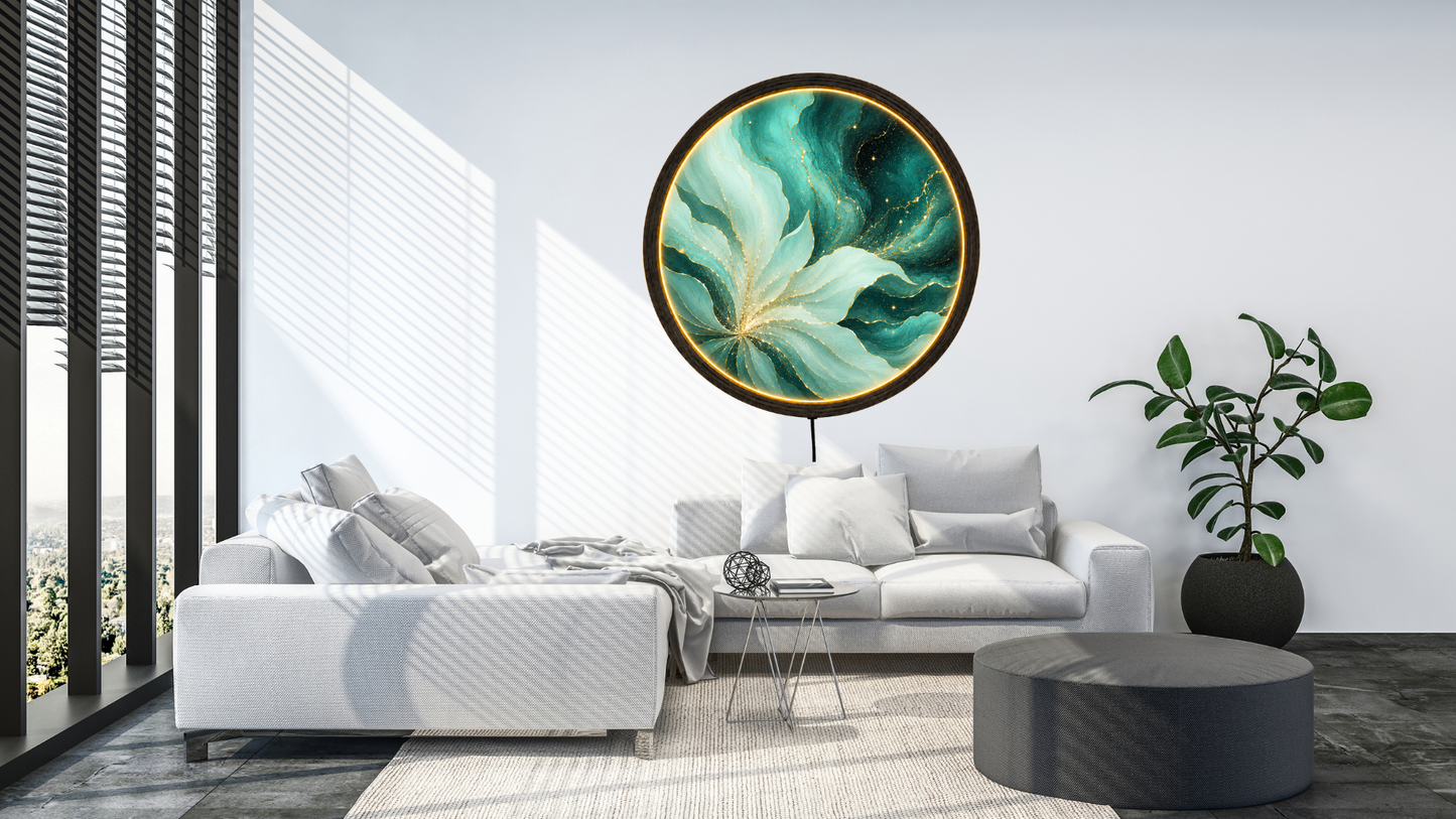 Mint Flower LED Wall Art, Round Botanical Light, Acrylic Wall Decor Gift