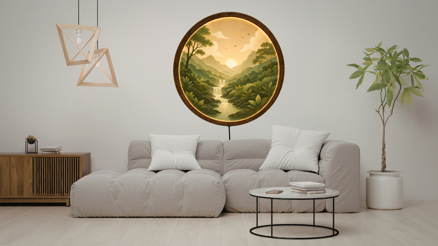 Nature Landscape LED Wall Decor, Round Mountain Waterfall Light