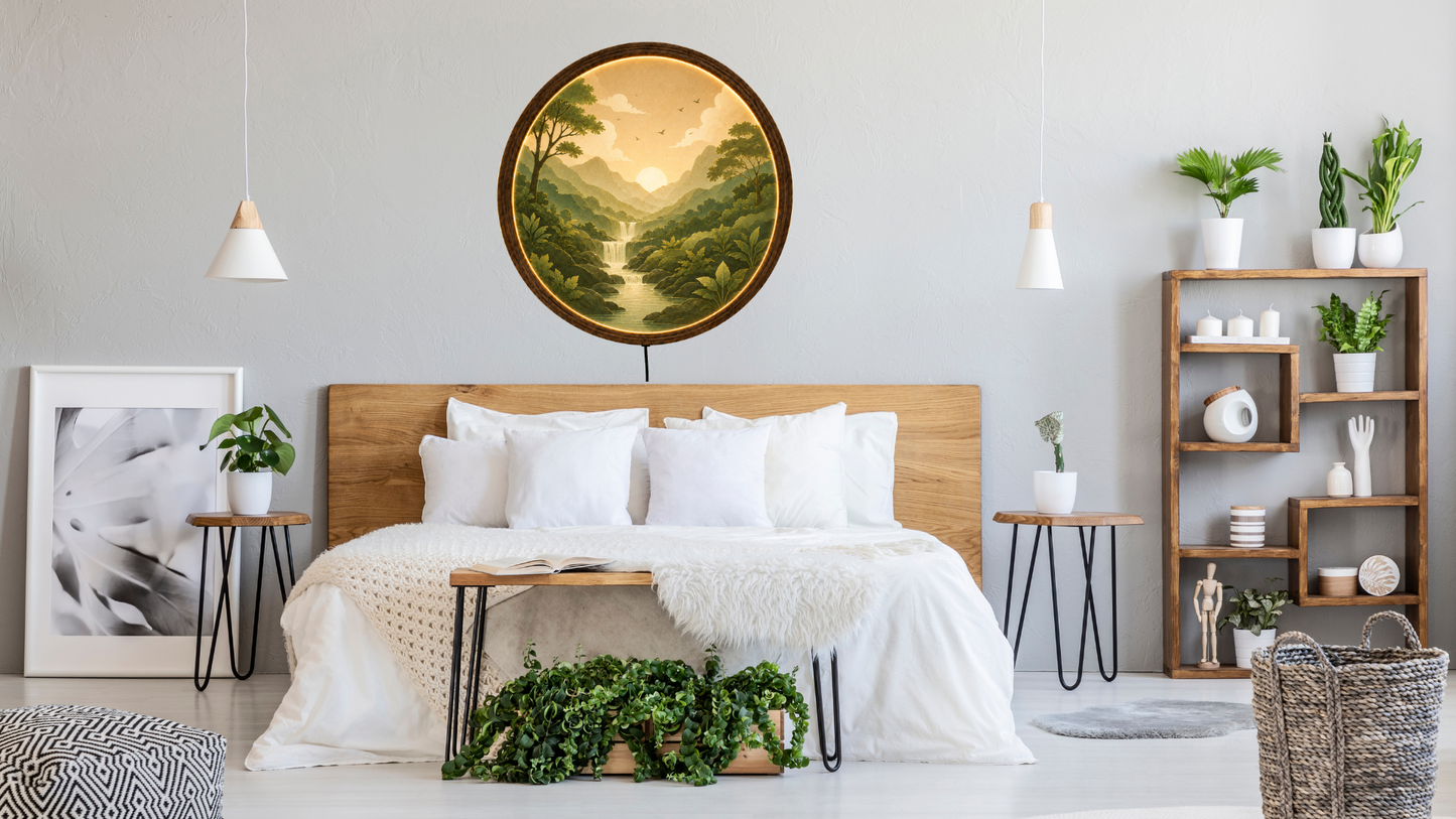 Nature Landscape LED Wall Decor, Round Mountain Waterfall Light