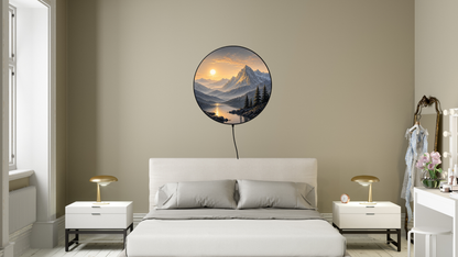 Round LED Mountain Wall Lamp, Modern Landscape Light, Minimalist Wall Decor, Scenic Night Light, Unique Home Gift
