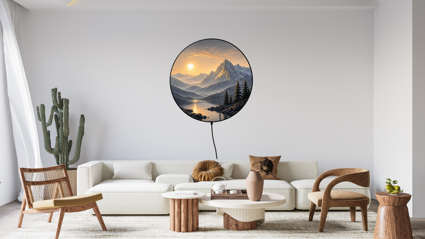 Round LED Mountain Wall Lamp, Modern Landscape Light, Minimalist Wall Decor, Scenic Night Light, Unique Home Gift