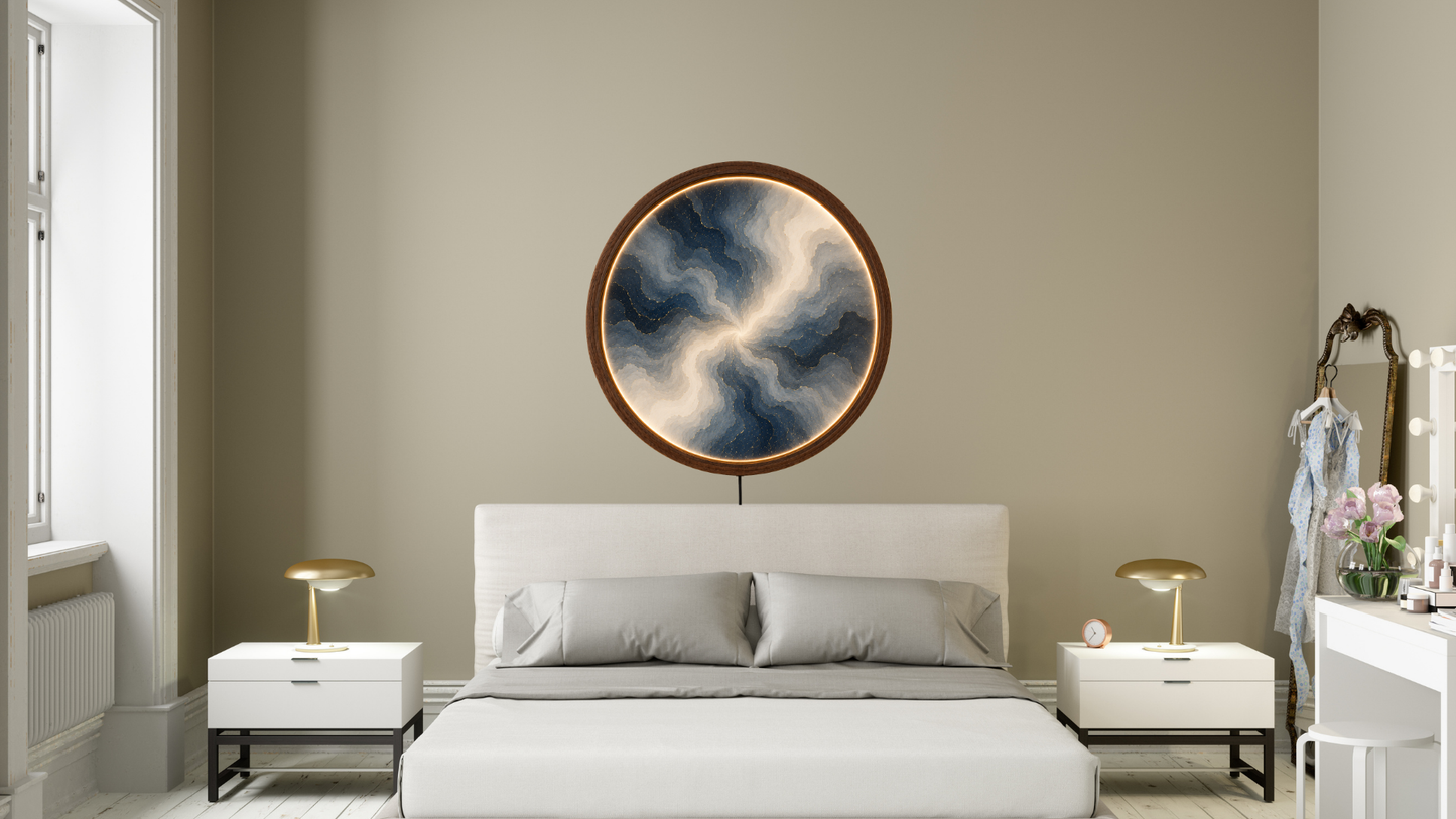 Abstract Blue Gray LED Wall Decor, Round Marble Light Art, Modern Home Accent