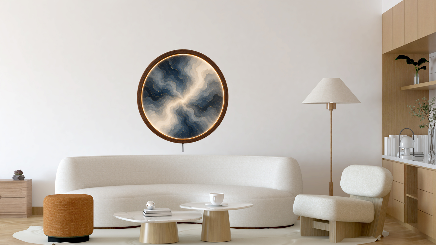 Abstract Blue Gray LED Wall Decor, Round Marble Light Art, Modern Home Accent