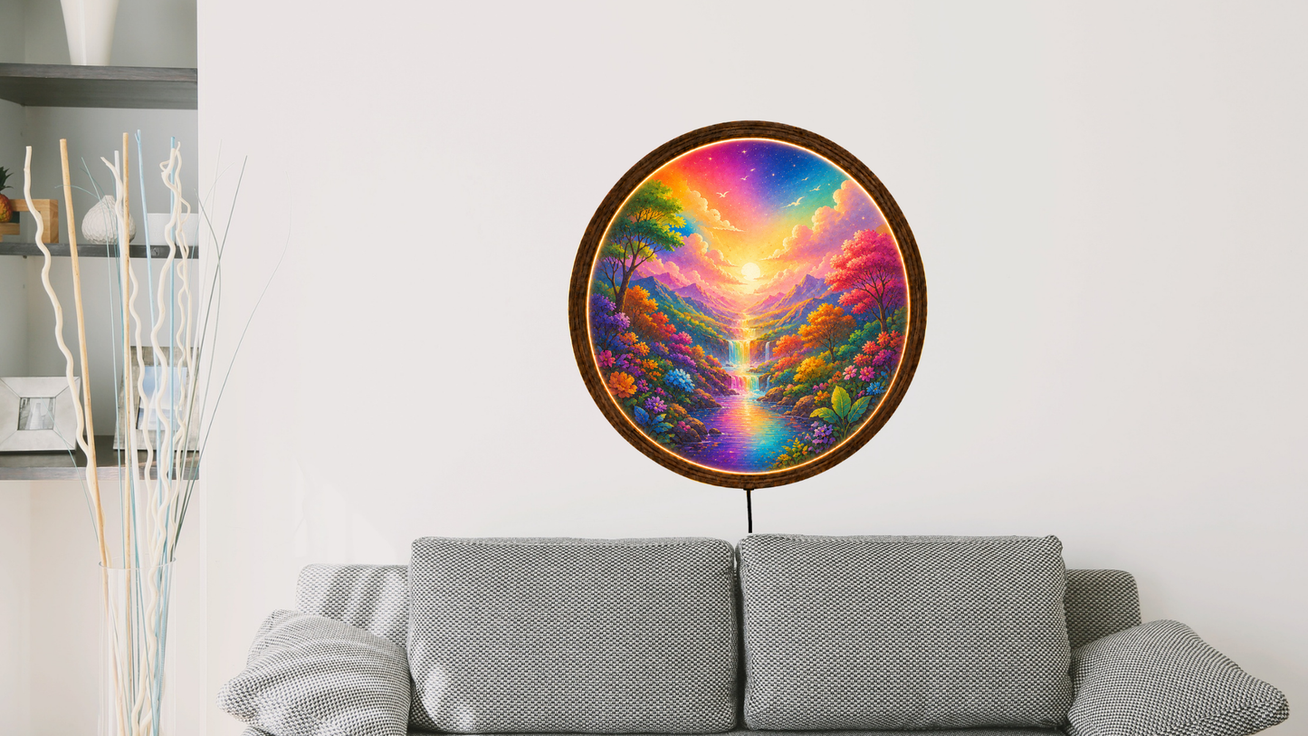 Colorful LED Wall Decor, Round Landscape Wall Art, Wooden Frame Light Lamp