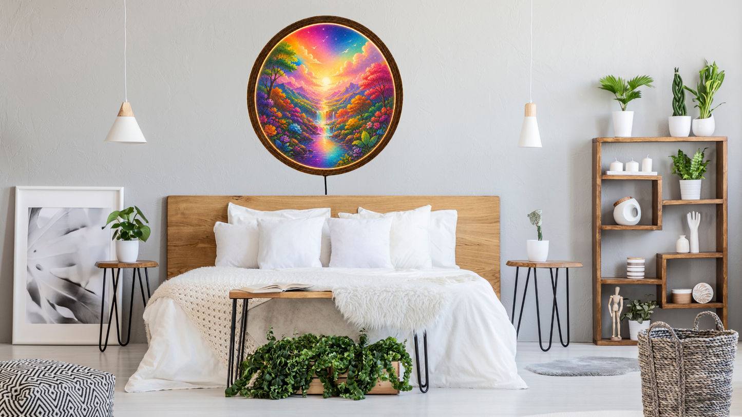 Colorful LED Wall Decor, Round Landscape Wall Art, Wooden Frame Light Lamp