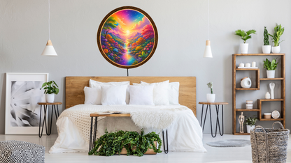 Colorful LED Wall Decor, Round Landscape Wall Art, Wooden Frame Light Lamp