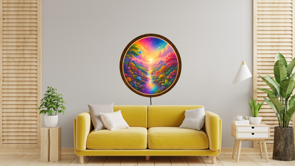 Colorful LED Wall Decor, Round Landscape Wall Art, Wooden Frame Light Lamp
