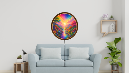 Colorful LED Wall Decor, Round Landscape Wall Art, Wooden Frame Light Lamp