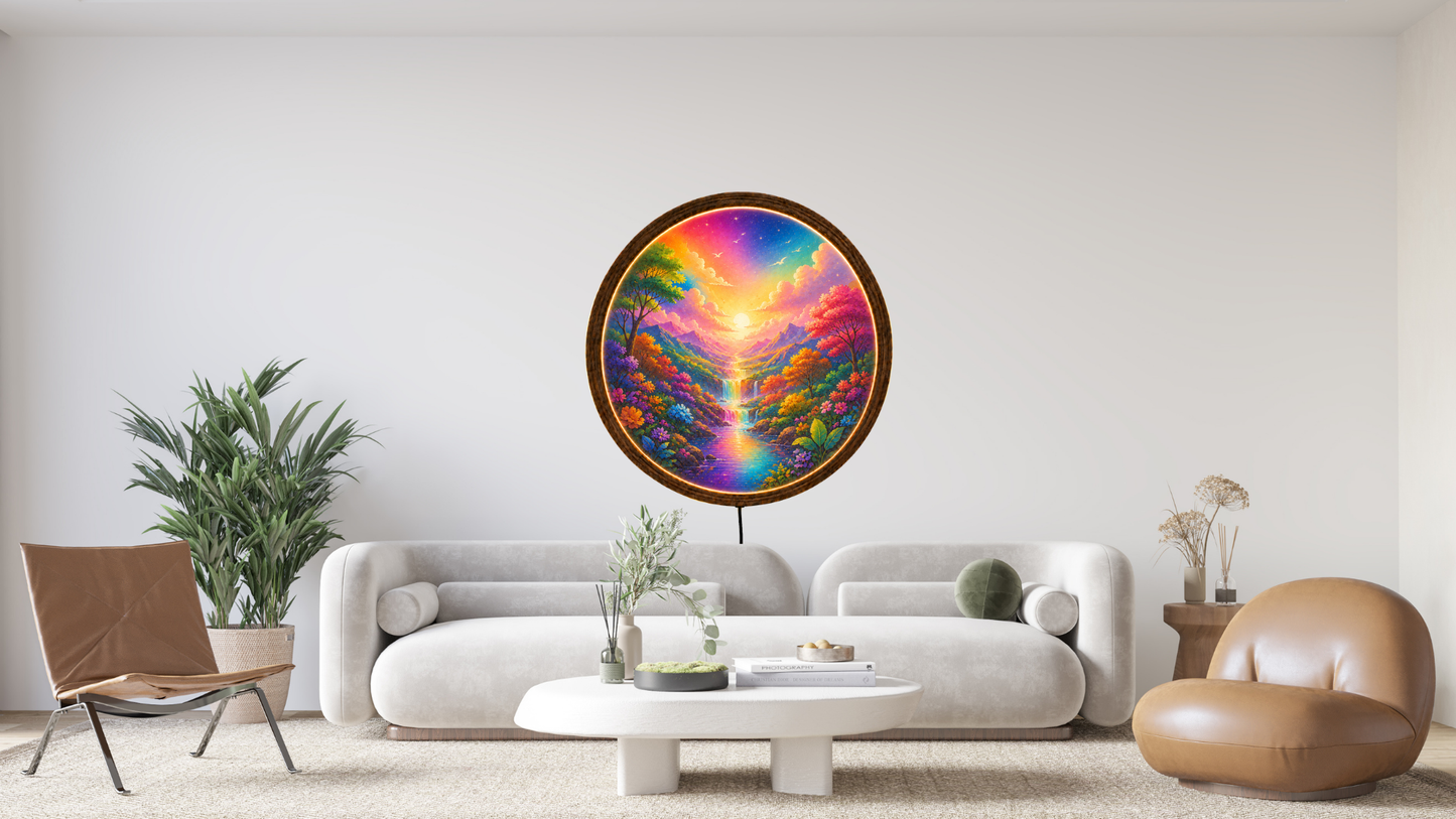 Colorful LED Wall Decor, Round Landscape Wall Art, Wooden Frame Light Lamp