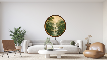Waterfall LED Wall Art, Nature Landscape Lighted Wall Decor, Round Wooden Frame Lamp, Mountain Waterfall Night Light