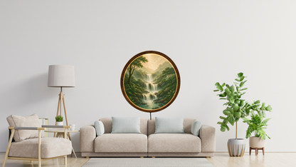 Waterfall LED Wall Art, Nature Landscape Lighted Wall Decor, Round Wooden Frame Lamp, Mountain Waterfall Night Light