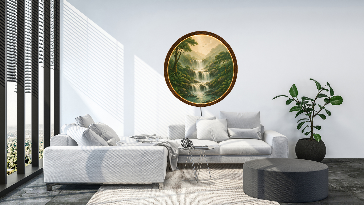 Waterfall LED Wall Art, Nature Landscape Lighted Wall Decor, Round Wooden Frame Lamp, Mountain Waterfall Night Light