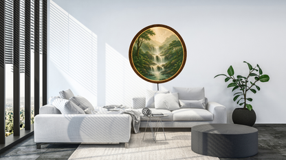 Waterfall LED Wall Art, Nature Landscape Lighted Wall Decor, Round Wooden Frame Lamp, Mountain Waterfall Night Light