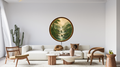 Waterfall LED Wall Art, Nature Landscape Lighted Wall Decor, Round Wooden Frame Lamp, Mountain Waterfall Night Light