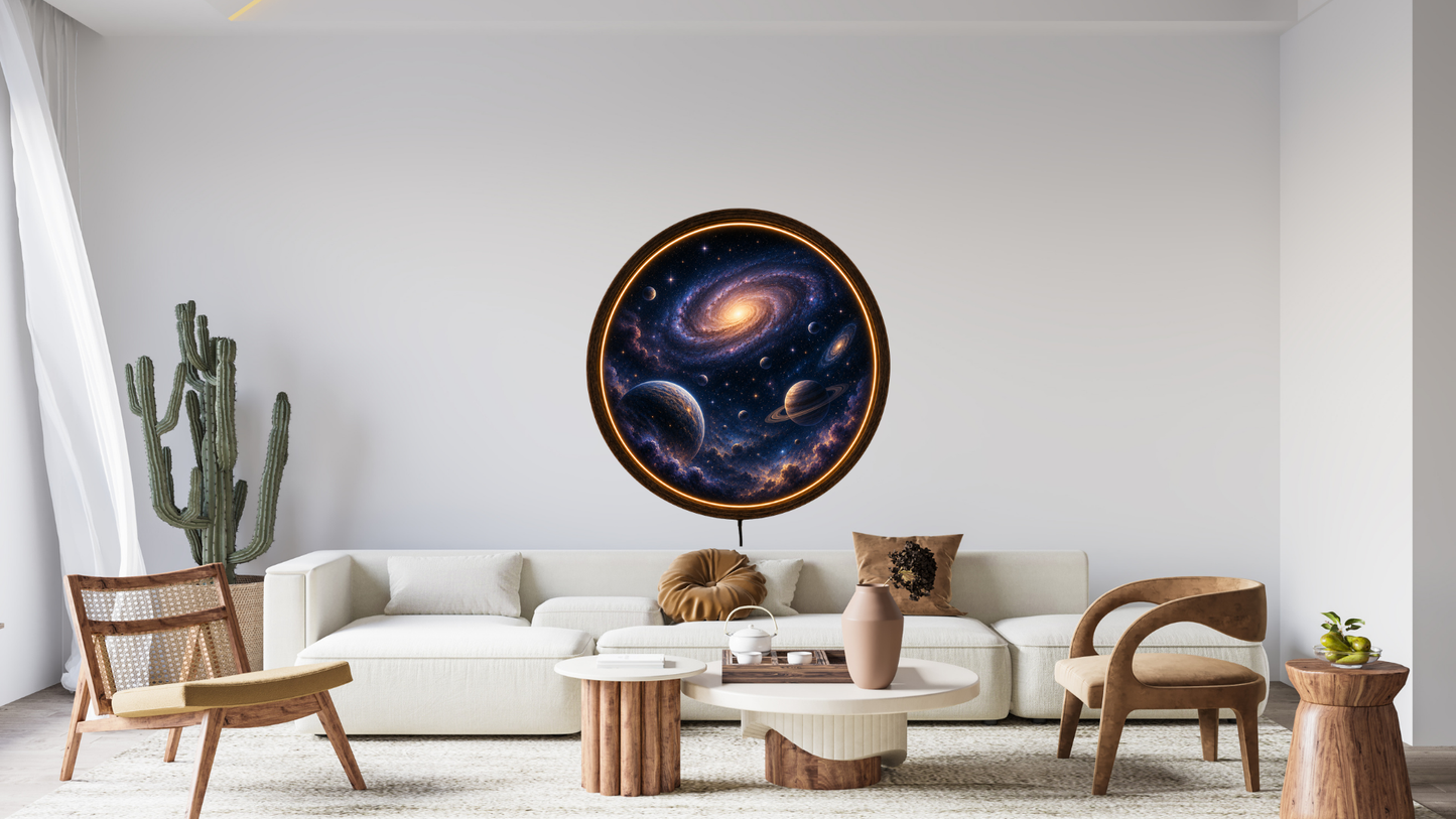 Galaxy LED Wall Art, Space Lighted Wall Decor, Round Wooden Frame Lamp, Cosmic Night Light