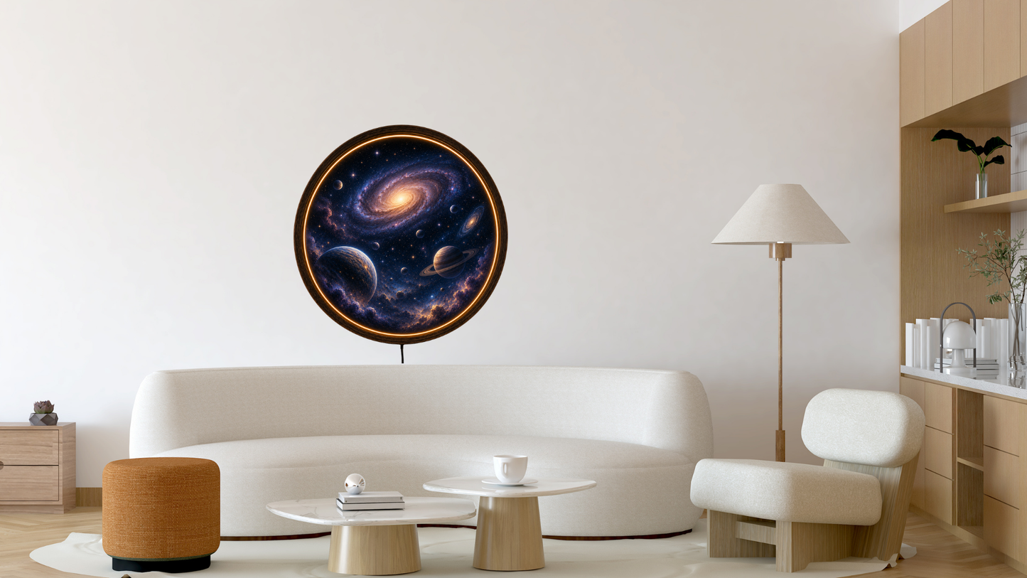 Galaxy LED Wall Art, Space Lighted Wall Decor, Round Wooden Frame Lamp, Cosmic Night Light