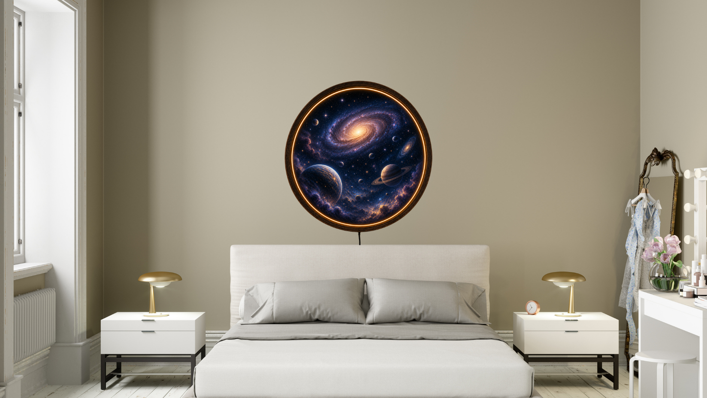 Galaxy LED Wall Art, Space Lighted Wall Decor, Round Wooden Frame Lamp, Cosmic Night Light