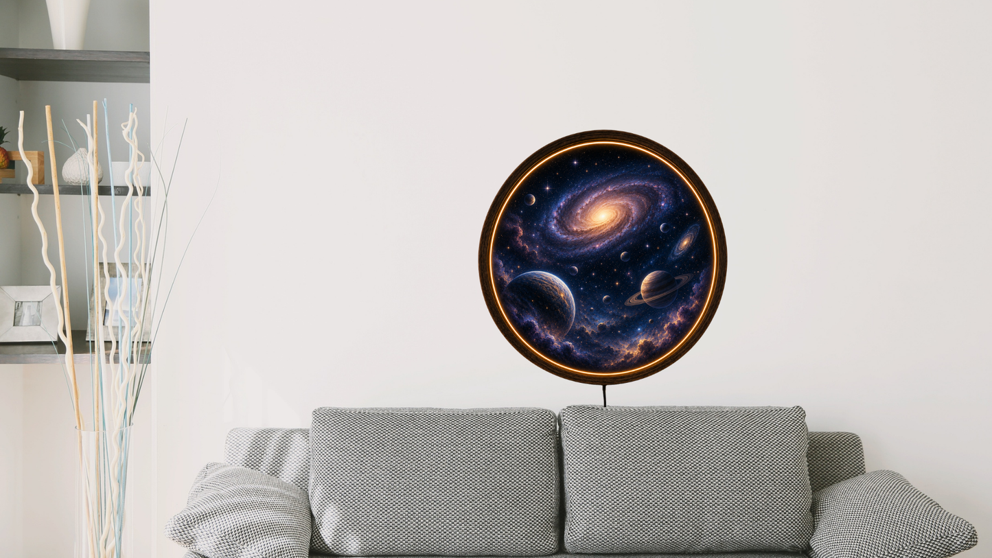 Galaxy LED Wall Art, Space Lighted Wall Decor, Round Wooden Frame Lamp, Cosmic Night Light