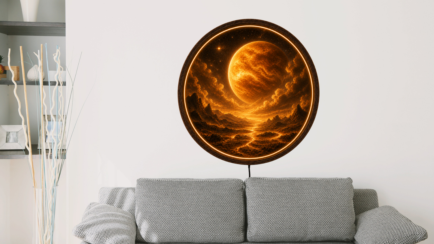Venus LED Wall Art, Planet Wall Decor, Round Wooden Frame Lamp, Celestial Night Light
