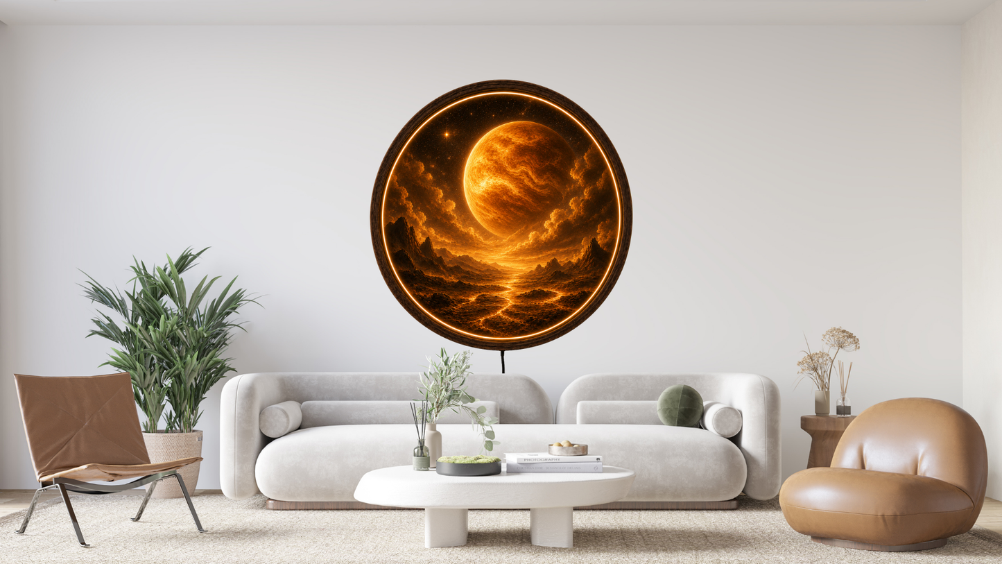 Venus LED Wall Art, Planet Wall Decor, Round Wooden Frame Lamp, Celestial Night Light