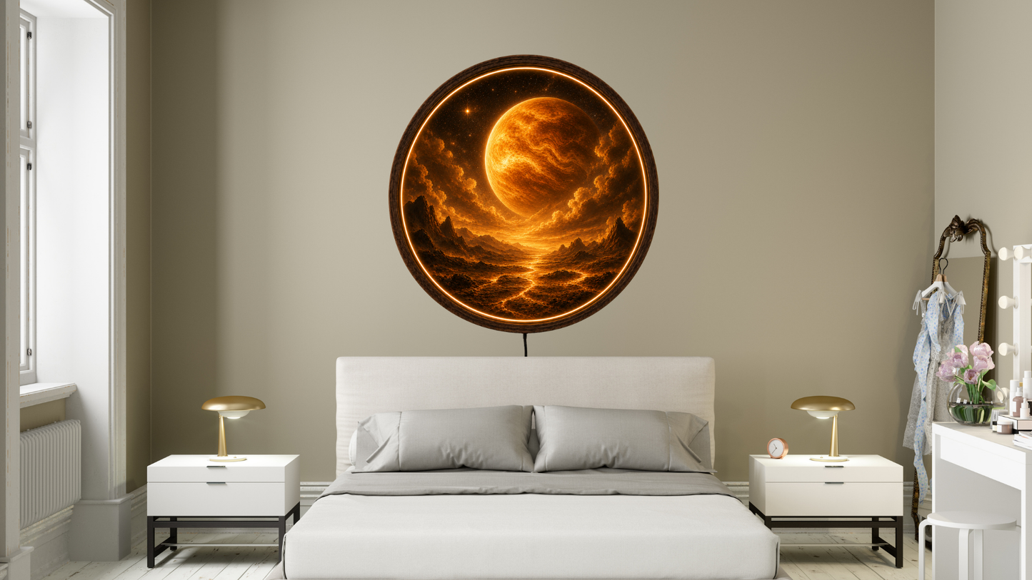 Venus LED Wall Art, Planet Wall Decor, Round Wooden Frame Lamp, Celestial Night Light