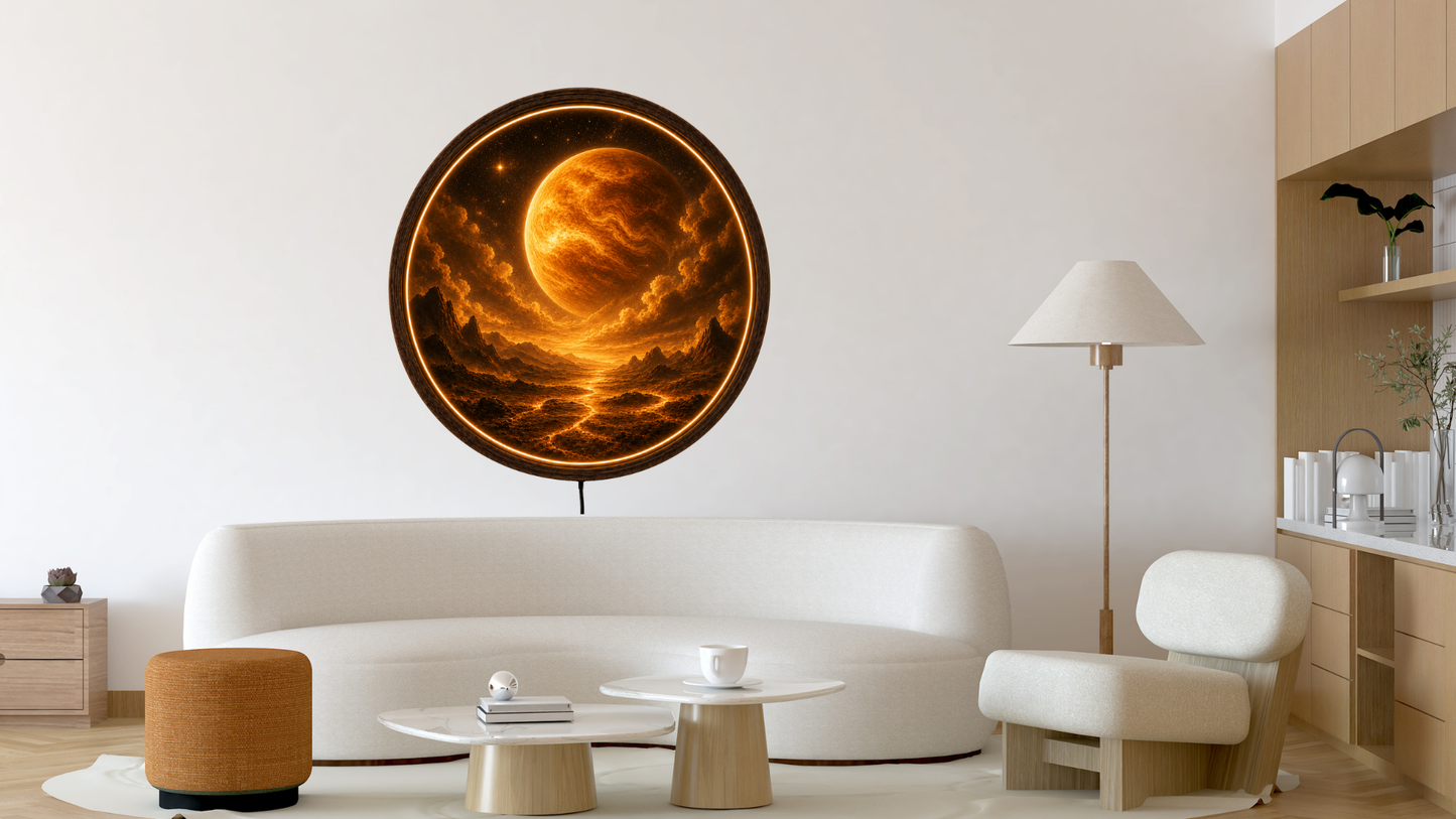 Venus LED Wall Art, Planet Wall Decor, Round Wooden Frame Lamp, Celestial Night Light