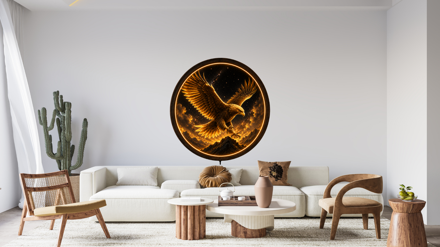 Golden Eagle LED Wall Art, Majestic Eagle Night Light, Round Acrylic Wall Decor, Celestial Home Decoration