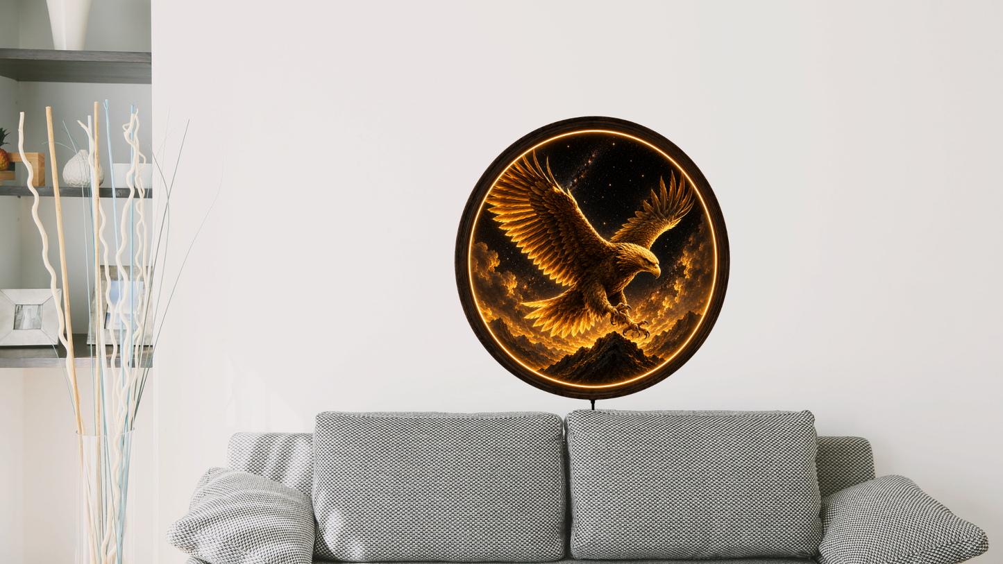Golden Eagle LED Wall Art, Majestic Eagle Night Light, Round Acrylic Wall Decor, Celestial Home Decoration
