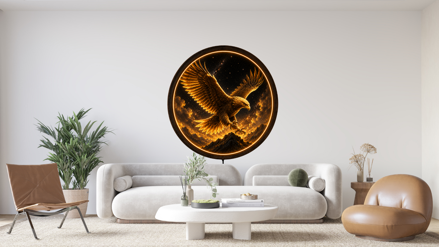Golden Eagle LED Wall Art, Majestic Eagle Night Light, Round Acrylic Wall Decor, Celestial Home Decoration
