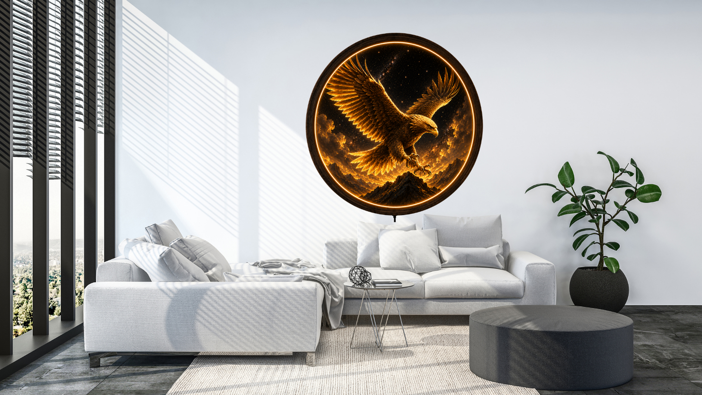 Golden Eagle LED Wall Art, Majestic Eagle Night Light, Round Acrylic Wall Decor, Celestial Home Decoration
