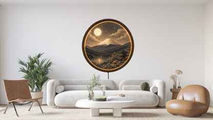 Mount Fuji LED Wall Art, Japanese Landscape Light, Moonlit Mountain Decor, Round Wooden Frame Lamp