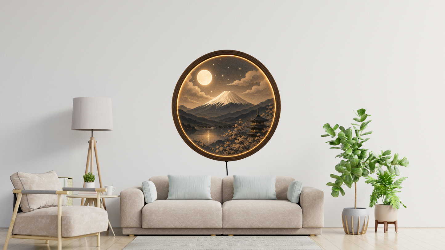Mount Fuji LED Wall Art, Japanese Landscape Light, Moonlit Mountain Decor, Round Wooden Frame Lamp