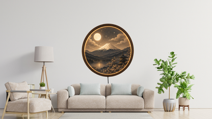 Mount Fuji LED Wall Art, Japanese Landscape Light, Moonlit Mountain Decor, Round Wooden Frame Lamp