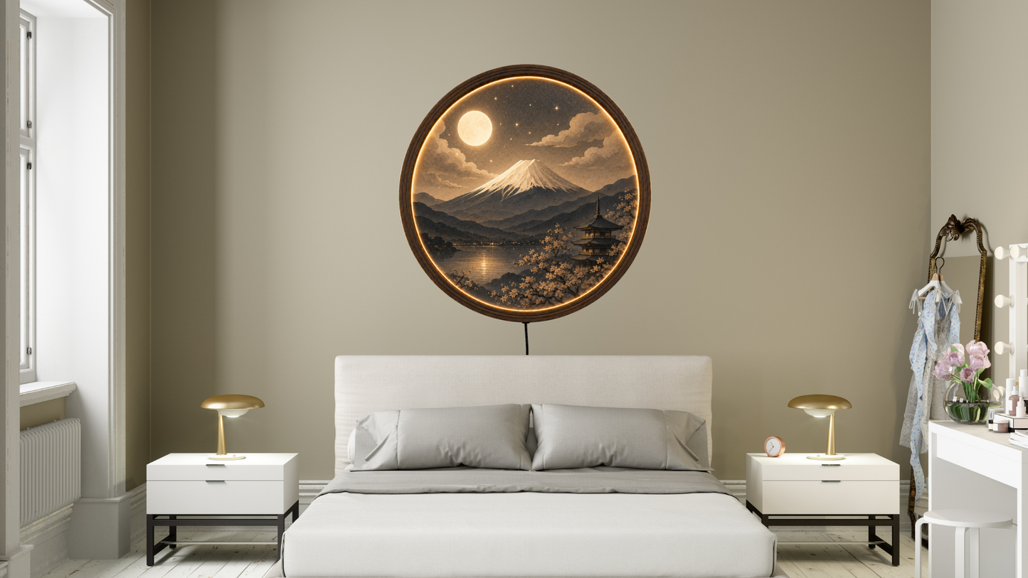 Mount Fuji LED Wall Art, Japanese Landscape Light, Moonlit Mountain Decor, Round Wooden Frame Lamp