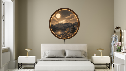 Mount Fuji LED Wall Art, Japanese Landscape Light, Moonlit Mountain Decor, Round Wooden Frame Lamp