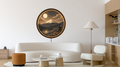 Mount Fuji LED Wall Art, Japanese Landscape Light, Moonlit Mountain Decor, Round Wooden Frame Lamp