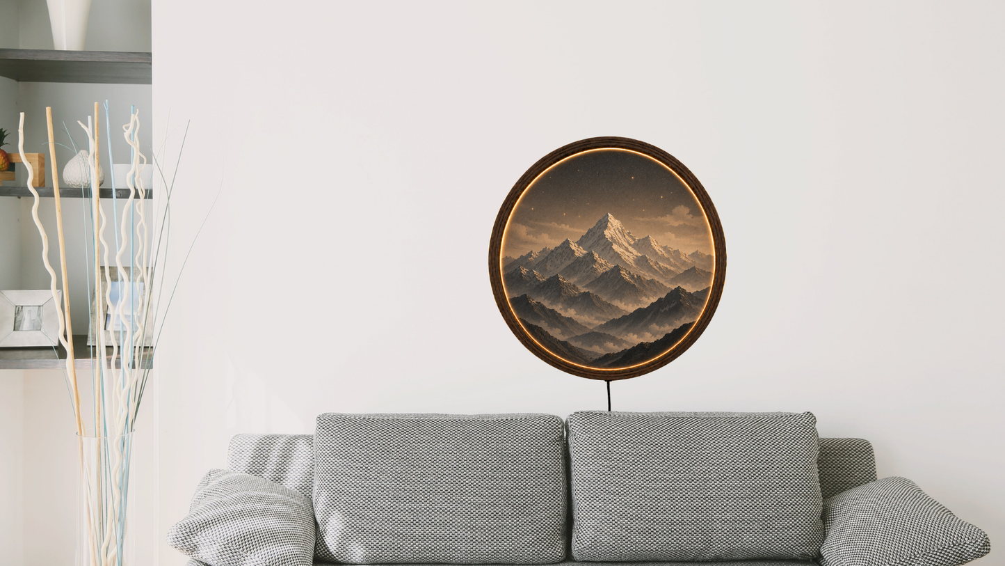 Himalaya Mountain LED Wall Decor, Round Wooden Frame Light, Nature Landscape Wall Art