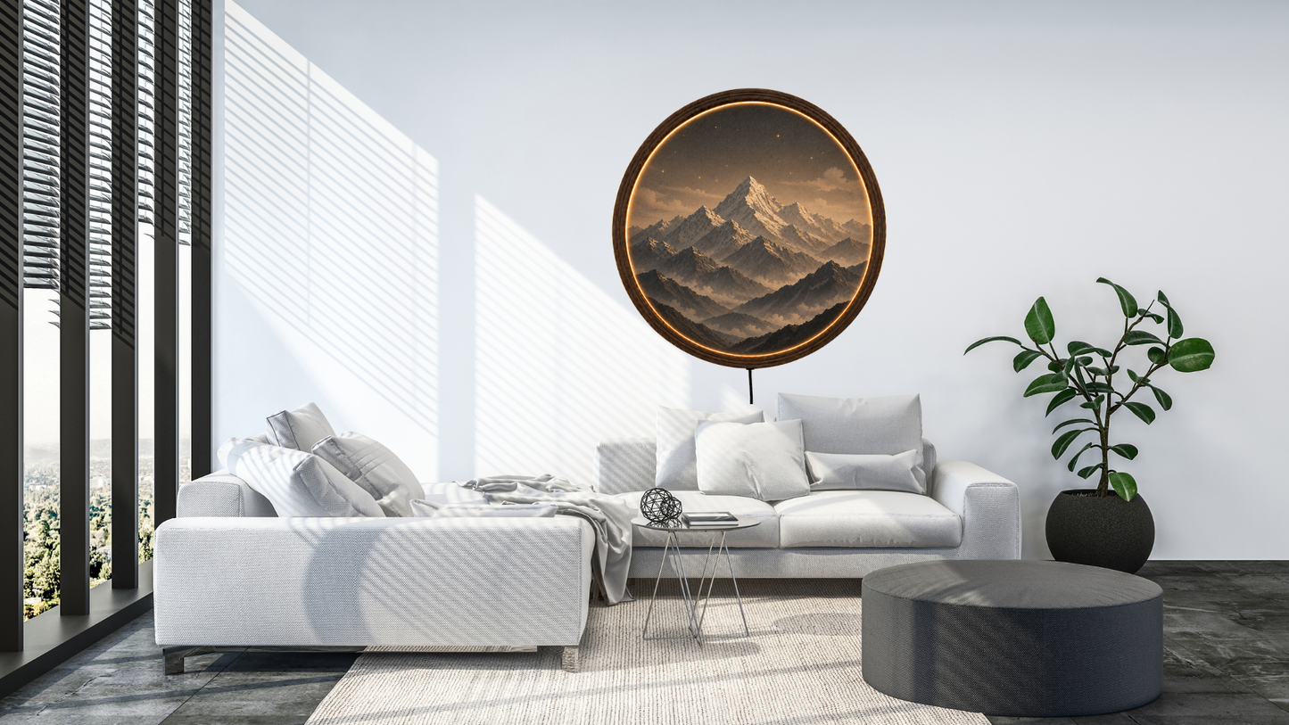 Himalaya Mountain LED Wall Decor, Round Wooden Frame Light, Nature Landscape Wall Art