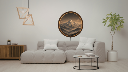 Himalaya Mountain LED Wall Decor, Round Wooden Frame Light, Nature Landscape Wall Art