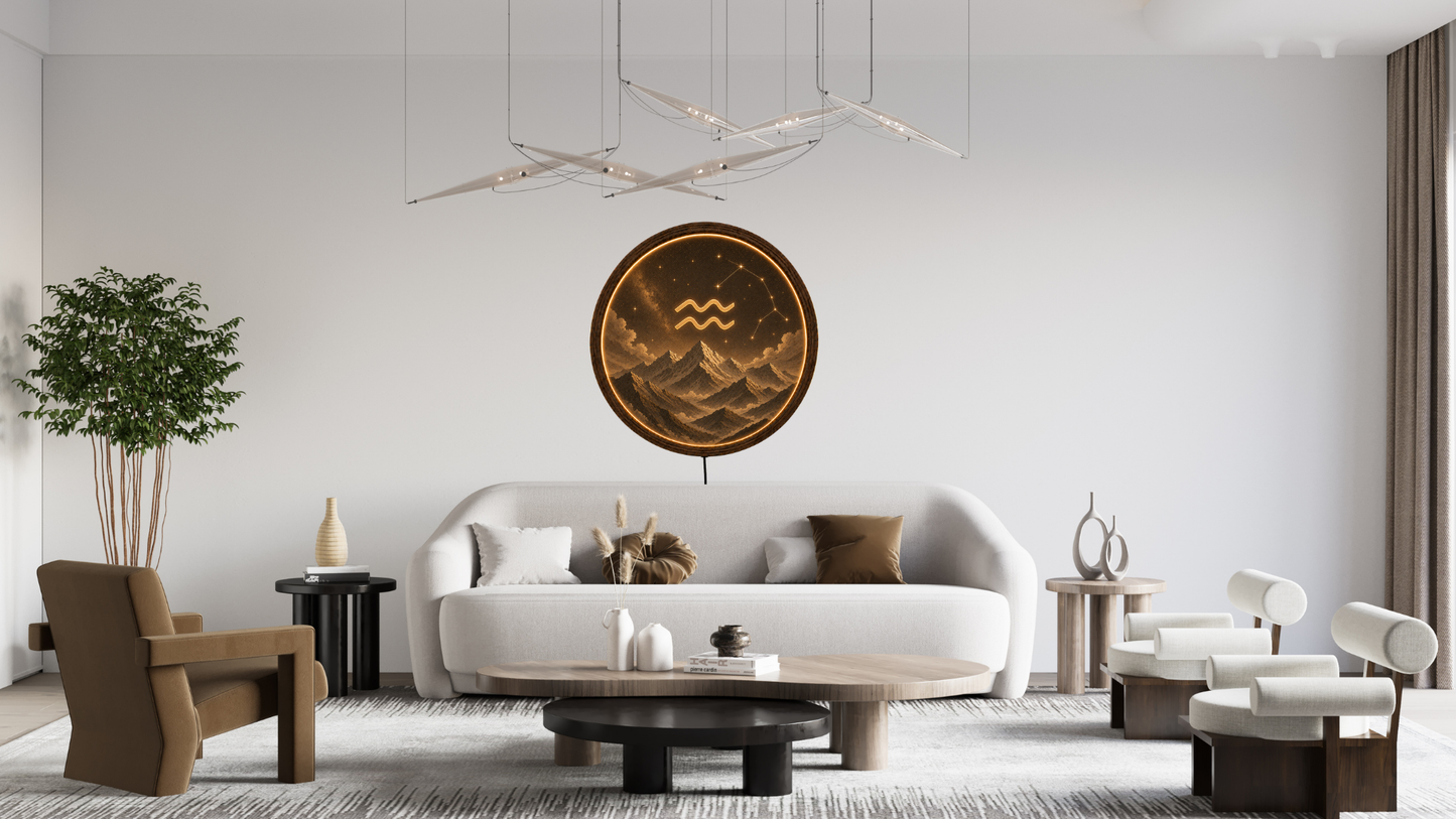 Aquarius Zodiac Wall Art with LED Light, Astrology Decor, Round Wooden Frame Lamp