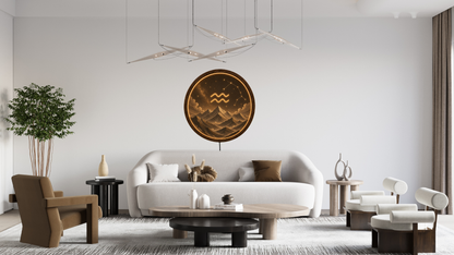 Aquarius Zodiac Wall Art with LED Light, Astrology Decor, Round Wooden Frame Lamp