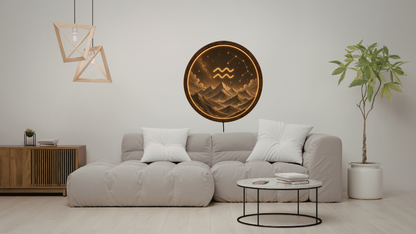 Aquarius Zodiac Wall Art with LED Light, Astrology Decor, Round Wooden Frame Lamp